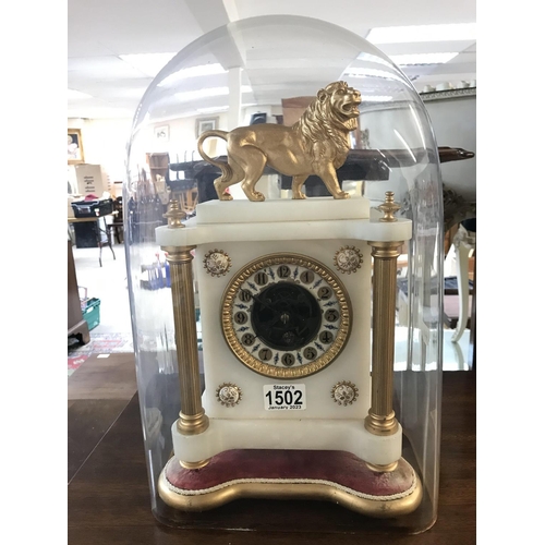 1313 - Marble Lion mantel clock, 38x24cm approx