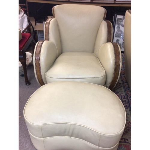 1417 - A Art Deco three piece cloud suite in cream with walnut trim , With foot stool.