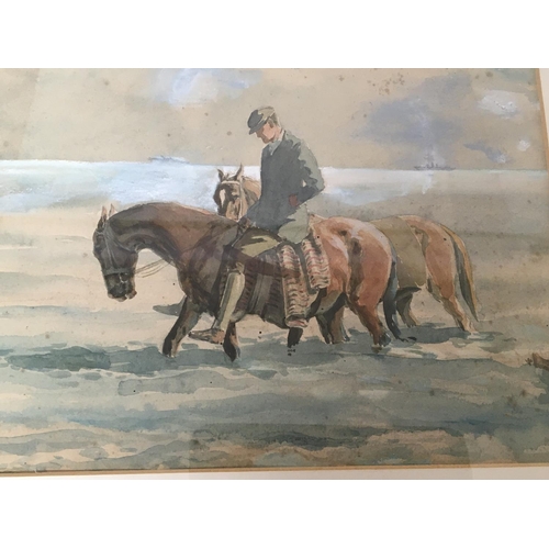 1472 - A framed watercolour study of two horses in the surf on the sands attributed to Margaret Theyre 46x4... 