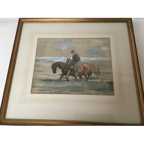 1472 - A framed watercolour study of two horses in the surf on the sands attributed to Margaret Theyre 46x4... 