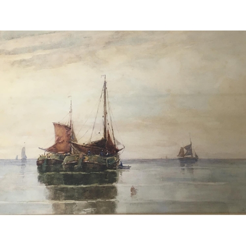 1475 - A framed watercolour study of moored sailing barges. Signed by the artist JR Miller. 55x46cm