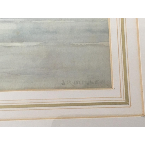 1475 - A framed watercolour study of moored sailing barges. Signed by the artist JR Miller. 55x46cm