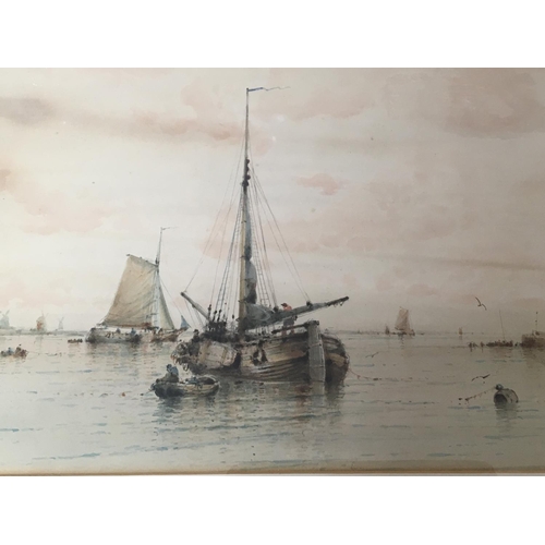 1476 - A framed watercolour Barges at Anchor with figures in small boats signed and attributed to Albert Er... 