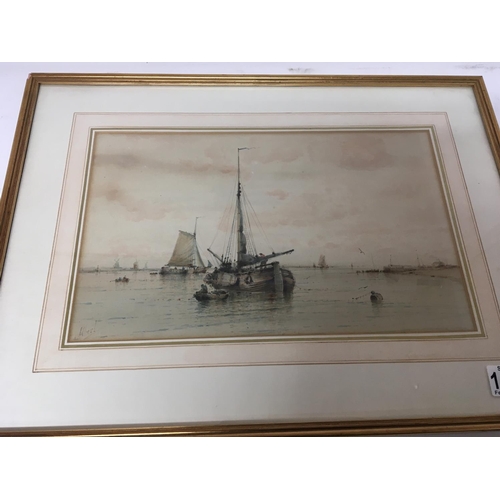 1476 - A framed watercolour Barges at Anchor with figures in small boats signed and attributed to Albert Er... 