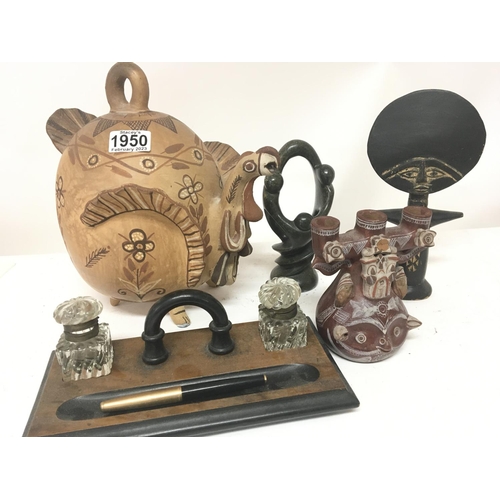 1950 - An unusual novelty earthenware tea pot a walnut pen including pen tray and other oddments.