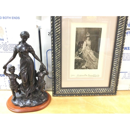 1963 - A framed picture of H M queen Alexandra in coronation robes and a resin cast figure of female with t... 