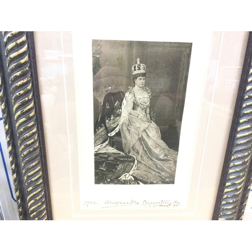 1963 - A framed picture of H M queen Alexandra in coronation robes and a resin cast figure of female with t... 