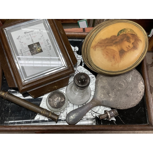 1970 - A collection of mixed odds including silver, 1940s oak barometer, 1930s crinoline lady tray.