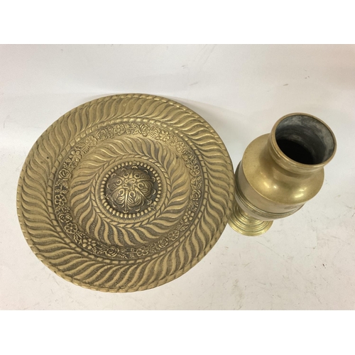 731 - Heavy embossed Victorian brass Tazza and heavy brass vase