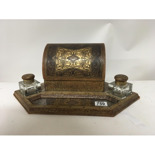 759 - A Quality tooled leather pen tray stationery box with glass ink wells.