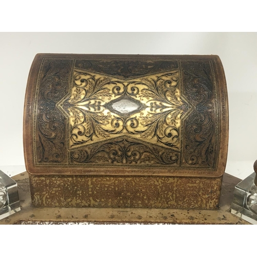 759 - A Quality tooled leather pen tray stationery box with glass ink wells.