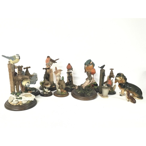 853 - A collection of Country Artist resin birds and ceramic dogs including a Dresden dog