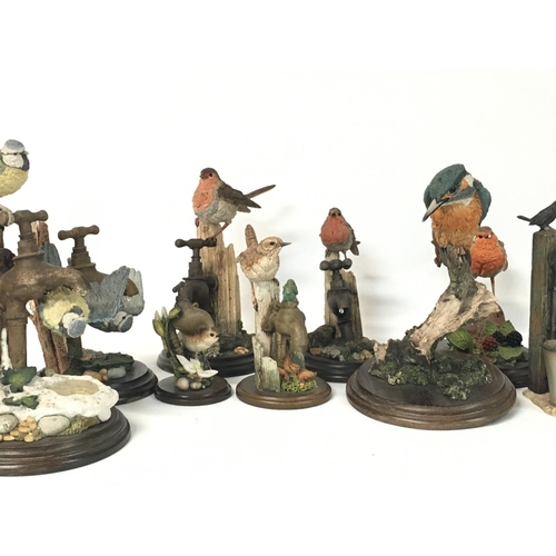 853 - A collection of Country Artist resin birds and ceramic dogs including a Dresden dog