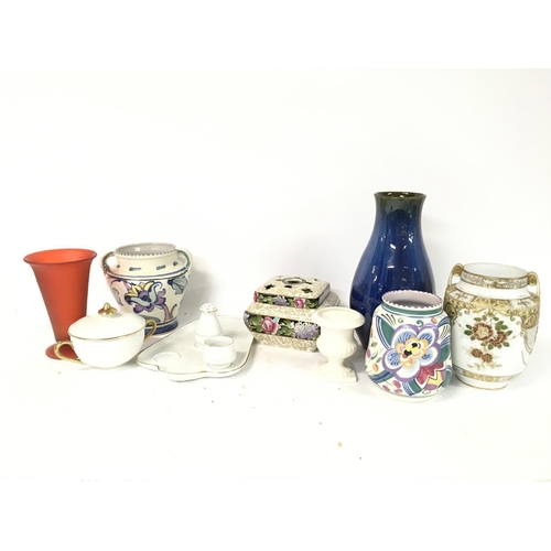 863 - A collection of vases including Poole, Noritake, Honiton & a Devon ware breakfast set