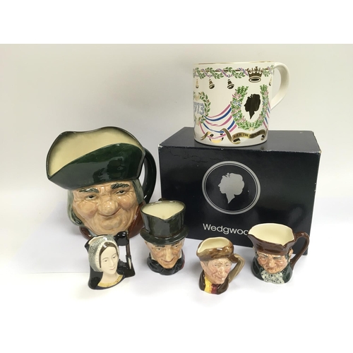 891 - Five Royal Doulton character jugs, different sizes, together with a boxed Wedgwood Princess Anne com... 