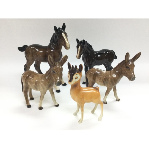 938 - Five Beswick animal figures comprising a horse and foal, two donkeys and a Bambi.