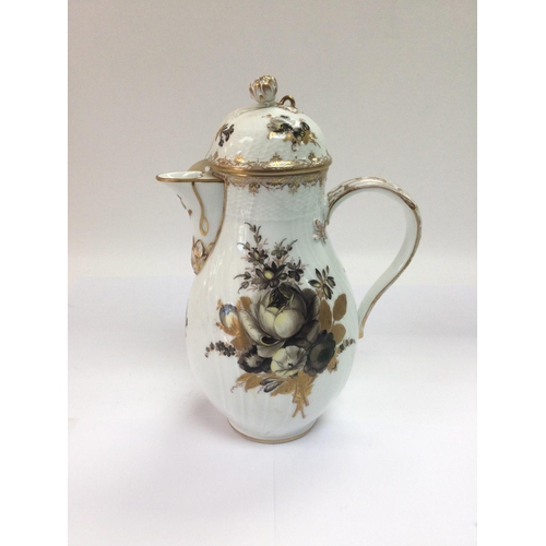 971 - A Continental porcelain coffee jug, possibly German, decorated with flowers, approx height 20cm.