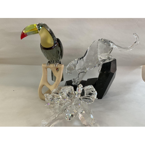 978 - Three large Swarovski pieces including Big cat on base, Toucan and a Rose posy. All in fitted boxes ... 