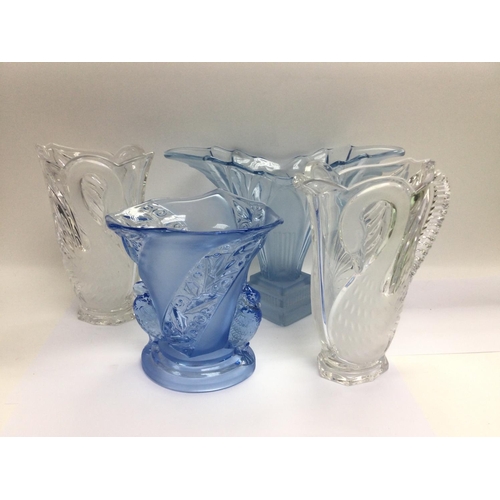 989 - An Art Deco blue glass vase by Brockwitz together with a clear glass jug and conforming vase plus on... 