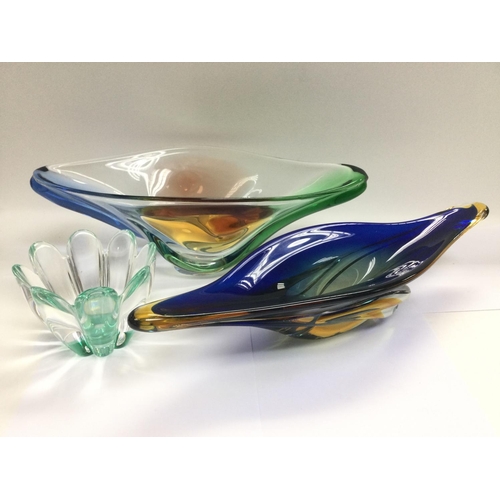 990 - A Murano glass elongated dish plus one other and possibly an Orrefors vase (3).