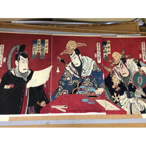 1012 - A collection of five Japanese triptych depicting Geisha and warriors