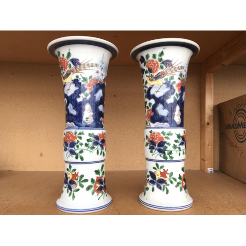 1047 - A pair of Large Chinese cylindrical form hand painted vases with fluted rims, 41cm (D)