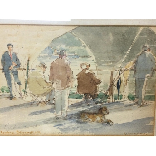 1199 - Three water colours by Roland Batchelor: Time to Spare, Fishing, Richmond & a Walk by the Loire with... 