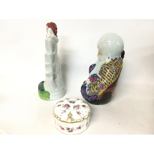 1201 - Royal crown derby porcelain dish, a late republic Chinese Buddha and a glass Staffordshire figure