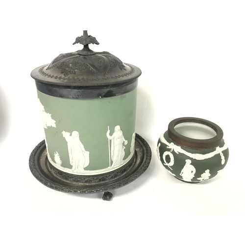 1222 - An early 20th century green wedgewood biscuit barrel with plated mounts and a small pot