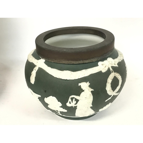 1222 - An early 20th century green wedgewood biscuit barrel with plated mounts and a small pot