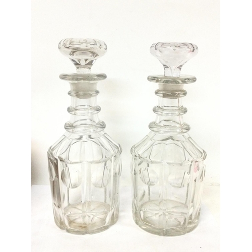 1272 - A pair of decanters housed in early 19th century sprig decorated terracotta wine coolers with plied ... 