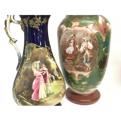 1317 - Two pairs of unmarked Victorian porcelain vases with depictions of lovers , approximately 30 & 34cm ... 