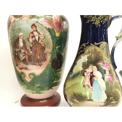 1317 - Two pairs of unmarked Victorian porcelain vases with depictions of lovers , approximately 30 & 34cm ... 