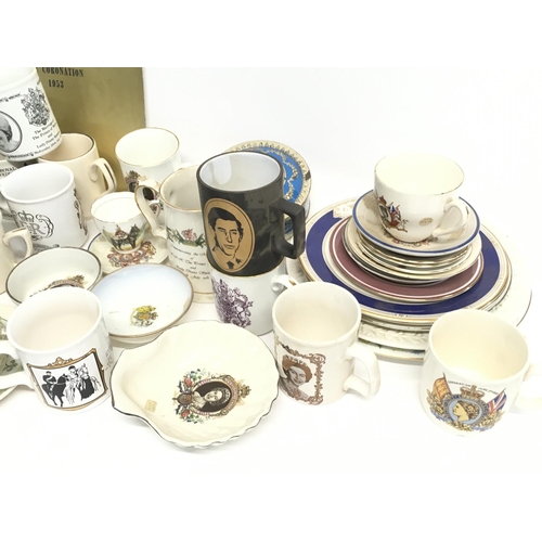 1353 - Two boxes of Elizabeth II and other commemorative ceramics including tea cups, ashtrays, plates etc ... 