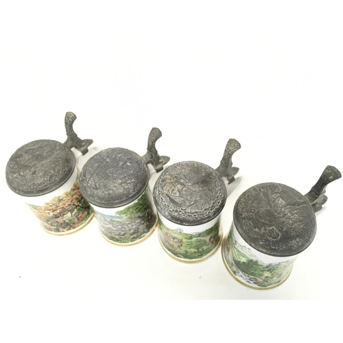 1354 - Vintage German Franklin pewter lidded ceramic steins with various illustrated country scenes, approx... 