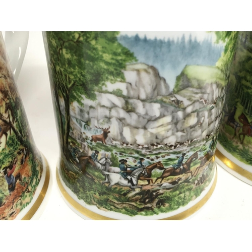 1354 - Vintage German Franklin pewter lidded ceramic steins with various illustrated country scenes, approx... 