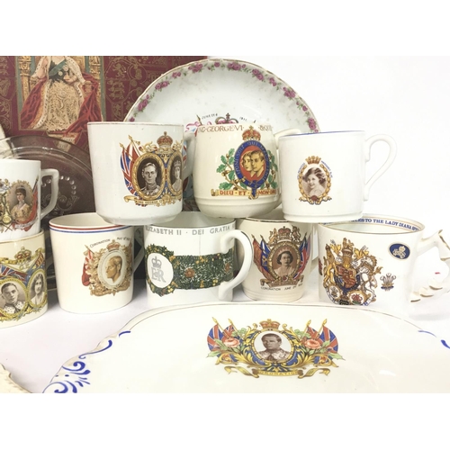 1366 - Coronation ware cups and plates and a vintage Queen Victoria book by Justin McCarthy