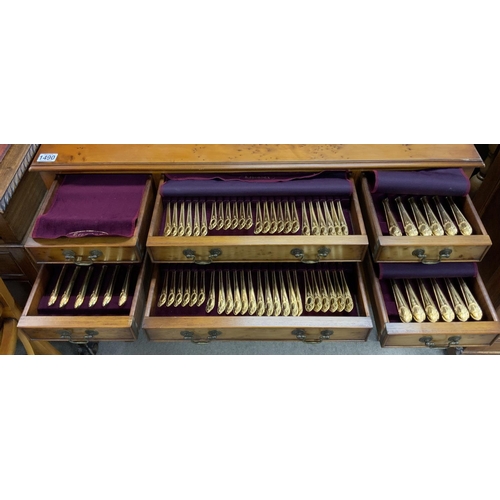 1490 - A quality yew wood canteen with full gilt cutlery service. 97cm x 51cm x 85cm