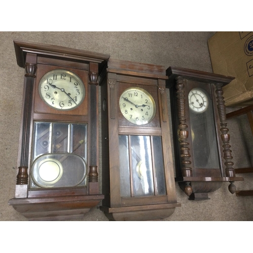 1519 - Three eight day wall clocks. Shipping category D.