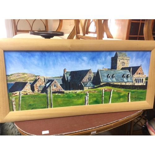 1545 - A Mairie Bowman oil on canvas of Iona Abbey, approx 112cm x 52cm.