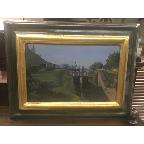 1546 - A framed oil on board depicting Canal at Kilcock. Measuring 28cm x 18cm