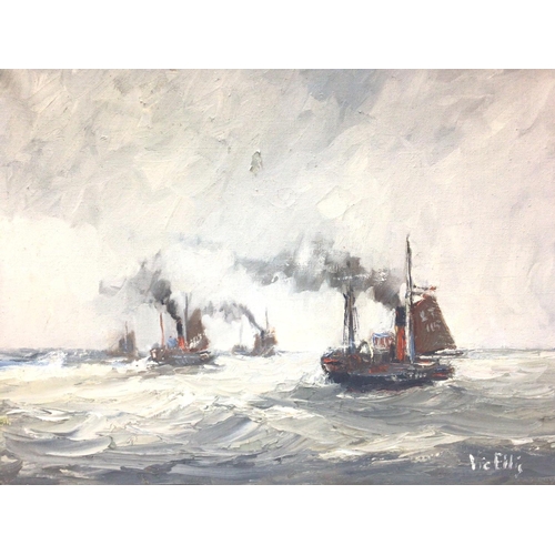 1552 - A signed and framed oil on canvas painting by Vic Ellis (1921-1984) depicting steam boats, frame siz... 