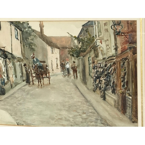 1562 - A framed watercolour depicting an Edwardian street scene entitled Afternoon Shopping. Signed by Albe... 