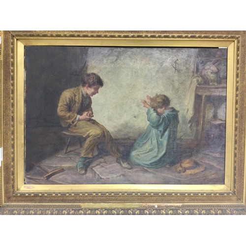 1571 - A gilt framed oil on canvas of two children. Signature indistinct. Approx 62cm x 47cm.