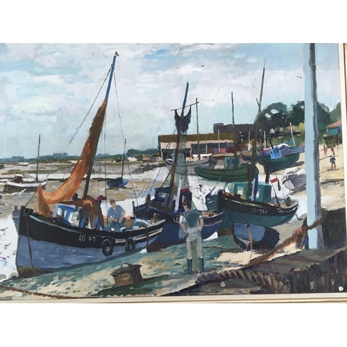 1586 - A framed modern British oil painting study of moored fishing boats at old Leigh. Signed by Marilyn C... 