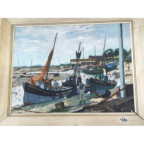 1586 - A framed modern British oil painting study of moored fishing boats at old Leigh. Signed by Marilyn C... 