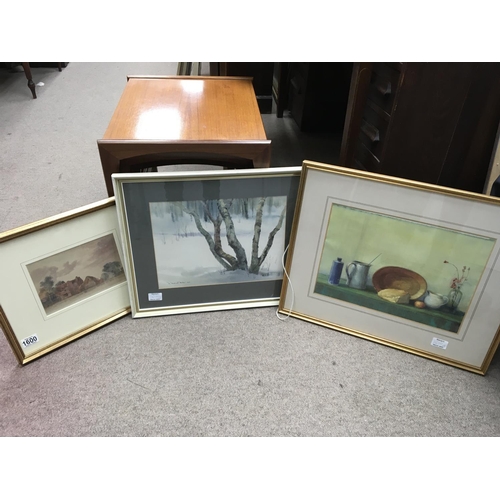 1600 - Three framed watercolours depicting countryside cottages, winter landscape and still life.