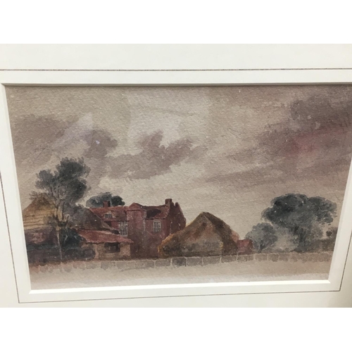 1600 - Three framed watercolours depicting countryside cottages, winter landscape and still life.