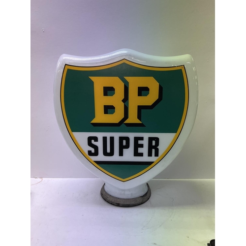 2165 - A BP SUPER SHIELD-SHAPED GLASS PETROL PUMP with design and lettering in yellow, green and black, 48c... 