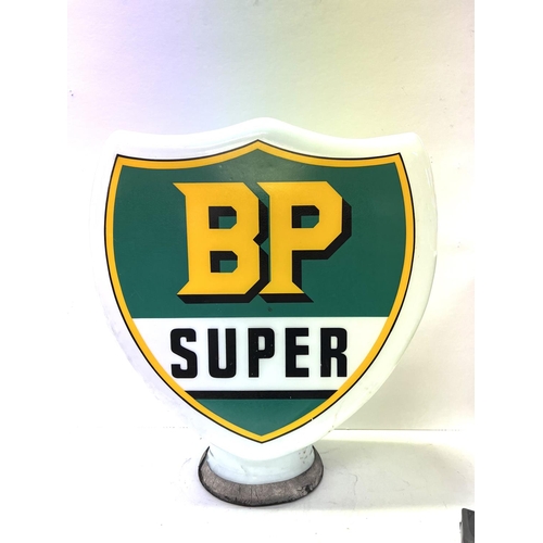 2165 - A BP SUPER SHIELD-SHAPED GLASS PETROL PUMP with design and lettering in yellow, green and black, 48c... 